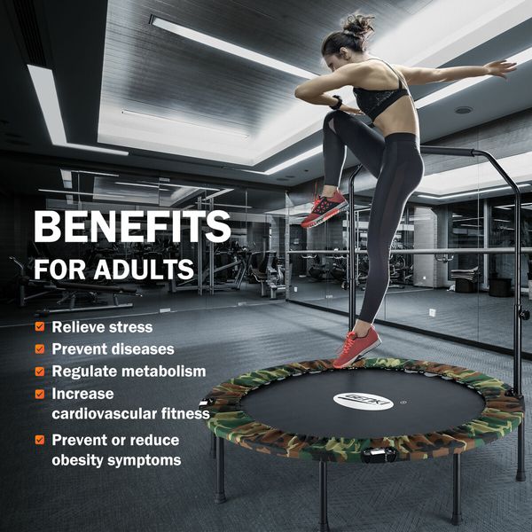 48 Inch Trampoline Mini Fitness Rebounder for Adults Kids Home Gym Workout Indoor Exercise Foldable Adjustable Handrail Genki