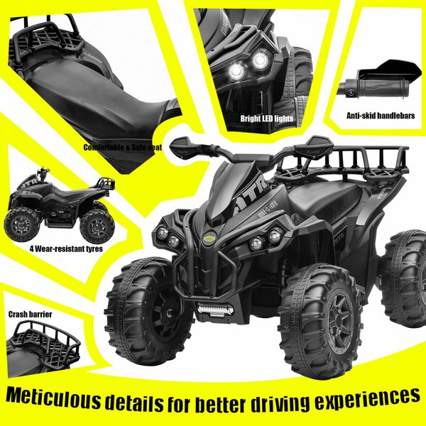 Electric Ride On ATV Car Quad Bike 12V Kids Vehicle Toy 4 Wheeler Children Motorised Rechargeable Battery MP3 USB LED Black