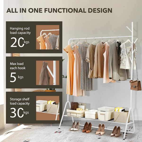 Clothes Garment Rack Coat Stand Metal Shelving Closet Organizer Hook Hanger Hat Holder Entryway Storage Freestanding Shelf