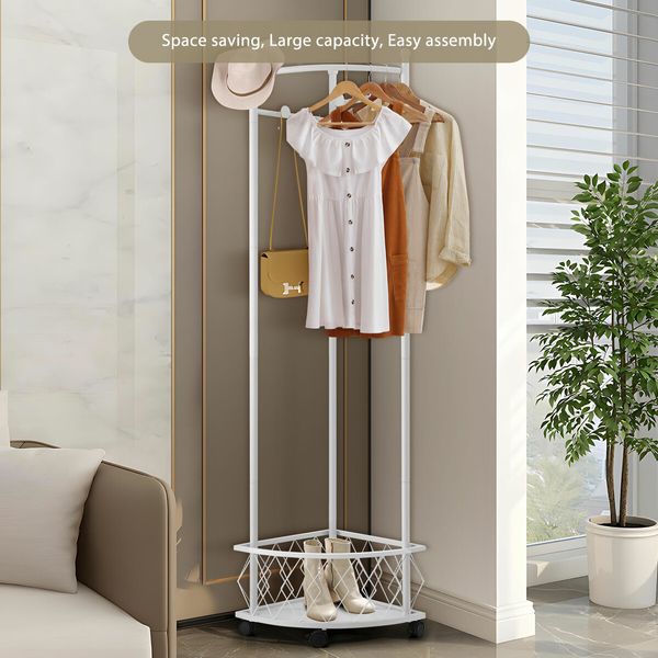 Garment Rack Movable Clothes Coat Stand Metal Shelving Closet Organizer Hat Holder Entryway Storage With Wheels Freestanding