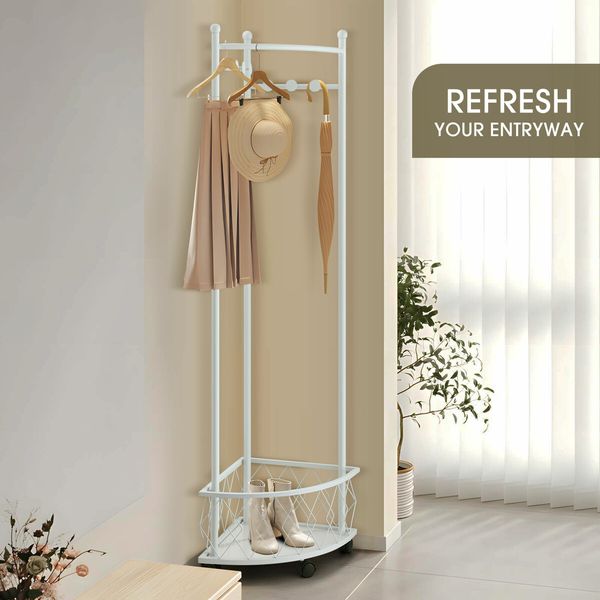 Garment Rack Movable Clothes Coat Stand Metal Shelving Closet Organizer Hat Holder Entryway Storage With Wheels Freestanding