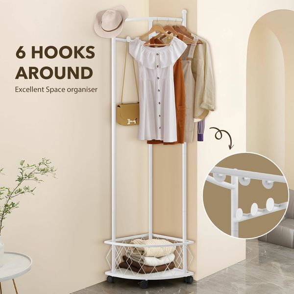 Garment Rack Movable Clothes Coat Stand Metal Shelving Closet Organizer Hat Holder Entryway Storage With Wheels Freestanding