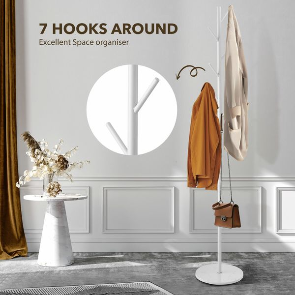 Coat Stand Garment Rack Hall Storage Shelf Hook Hanger Hat Holder Closet Organizer Metal Entryway Freestanding White