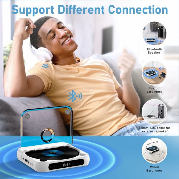 Portable CD Player,Personal CD Players with Bluetooth for Car & Travel,Rechargeable Small CD Player with Headphones,LCD Touch Screen & Anti-Skip/Shockproof