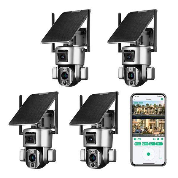 4G LTE Security Camerax4 Home CCTV House Spy WiFi Solar Wireless Outdoor Surveillance System Dual Lens 4K PTZ Batteries