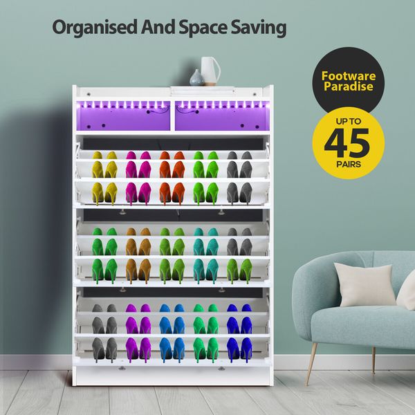 Wooden Shoe Storage Cabinet Rack Organiser Holder Shelf Stand 45 Pairs with RGB Light White