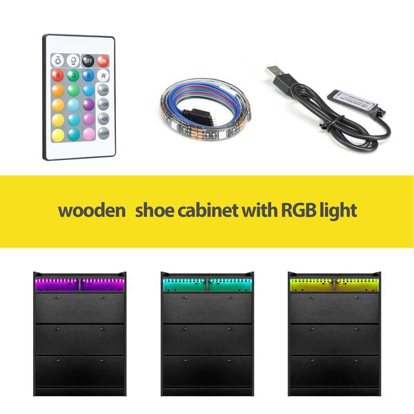 Wooden Shoe Cabinet Storage Rack Organiser Holder Shelf Stand 45 Pairs Black with RGB Light