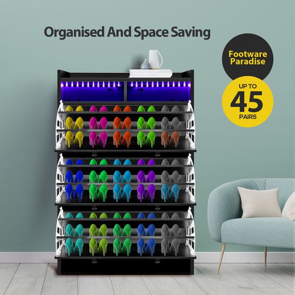 Wooden Shoe Cabinet Storage Rack Organiser Holder Shelf Stand 45 Pairs Black with RGB Light