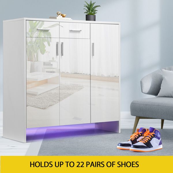 Wooden Shoe Storage Cabinet High Gloss Rack Organiser Shelf Drawer White with Doors RGB Light