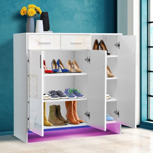 Wooden Shoe Storage Cabinet High Gloss Rack Organiser Shelf Drawer White with Doors RGB Light