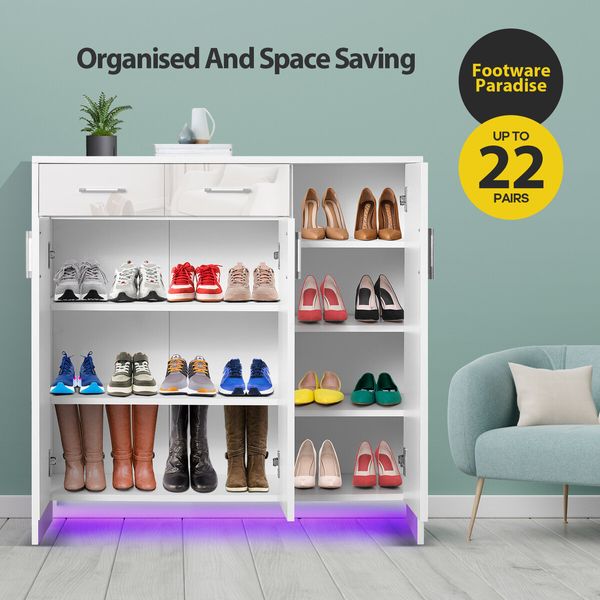 Wooden Shoe Storage Cabinet High Gloss Rack Organiser Shelf Drawer White with Doors RGB Light