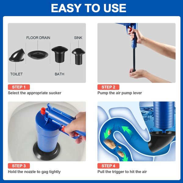 Toilet Plunger Set,Air Drain Blaster,Sink Plunger,Drain Clog Remover Tool,High Pressure Drain Blaster Gun Powerful Toilet Plunger-Blue for Sink,Toilets,Bathroom,Shower,Kitchen,Clogged Pipe