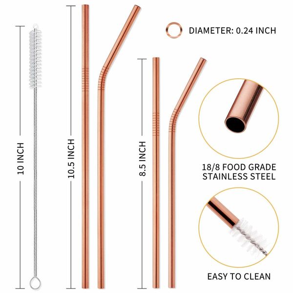 Reusable Stainless Steel Metal Straws with Case - Long Drinking Straws for 30 oz and 20 oz Tumblers Yeti Dishwasher Safe - 2 Cleaning Brushes Included (12-Pack,Rose Gold)