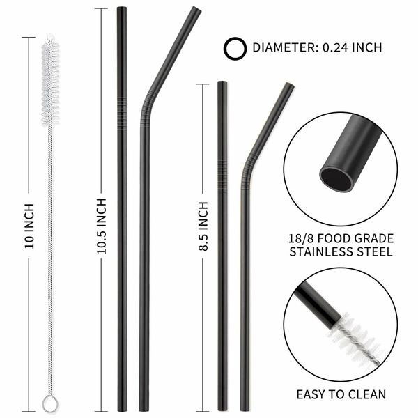 Reusable Stainless Steel Metal Straws with Case - Long Drinking Straws for 30 oz and 20 oz Tumblers Yeti Dishwasher Safe - 2 Cleaning Brushes Included (12-Pack,Black)