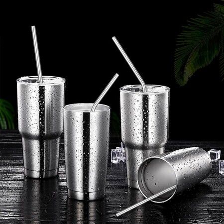 Reusable Stainless Steel Metal Straws with Case - Long Drinking Straws for 30 oz and 20 oz Tumblers Yeti Dishwasher Safe - 2 Cleaning Brushes Included (12-Pack,Silver)