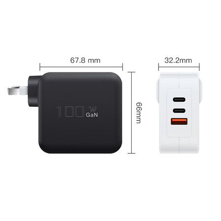 100W 3-Ports GaN Fast ChargerUSB C PD.3 and QC.3 Fast Foldable Wall Charger for MacBook Google ThinkPad, Galaxy iPad Pro  iPhone More Color Black