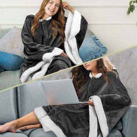 Hooded Cape Casual Lazy Blanket Double Pockets Soft Plush Cape Women'S Quilted Coat