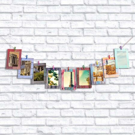 Creative 9-Piece 7-Inch Home Rectangular Paper Frame with Wood Clips Wall Photo Album Wall Hanging Rope Home Decor Gifts