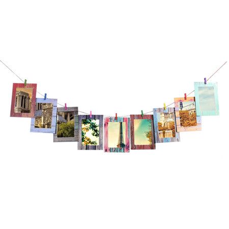 Creative 9-Piece 7-Inch Home Rectangular Paper Frame with Wood Clips Wall Photo Album Wall Hanging Rope Home Decor Gifts