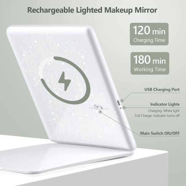 Large Travel Makeup Mirror with 10X Magnifying Mirror,Travel Lighted Makeup Mirror,3 Color Lighting,Rechargeable 2000mAh Batteries,Portable Ultra Slim Vanity Mirror,Travel Accessories for Women