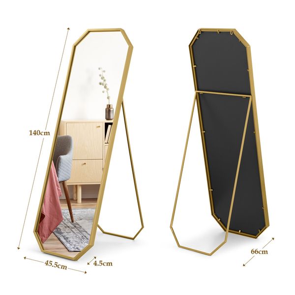 Hexagonal Free Standing Mirror Full Length Gold Floor Vanity Foldable Stand Metal Frame