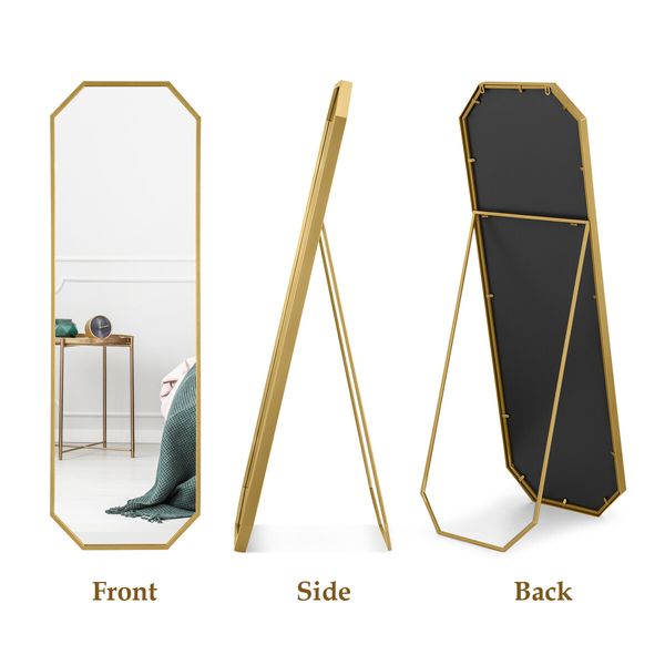 Hexagonal Free Standing Mirror Full Length Gold Floor Vanity Foldable Stand Metal Frame