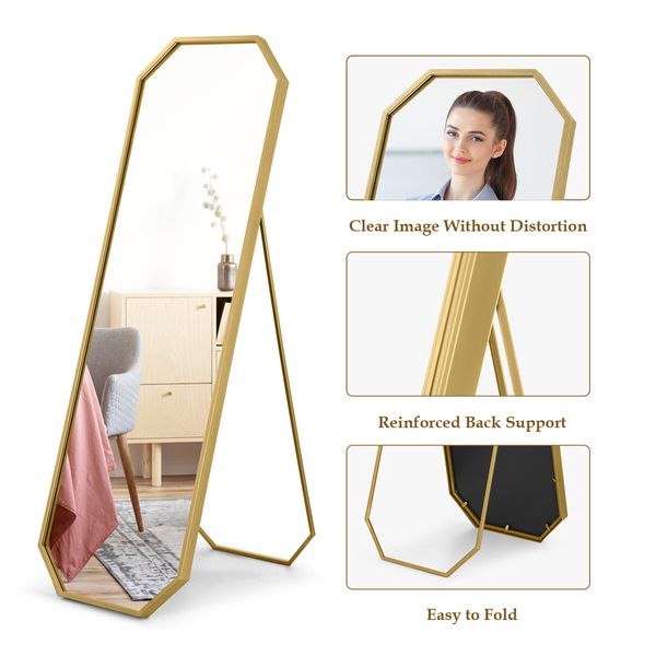 Hexagonal Free Standing Mirror Full Length Gold Floor Vanity Foldable Stand Metal Frame