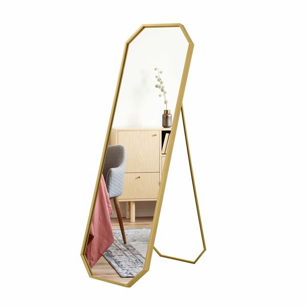 Hexagonal Free Standing Mirror Full Length Gold Floor Vanity Foldable Stand Metal Frame