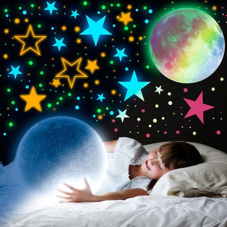 Glow in The Dark Stars Stickers  Moon for Kids Bedroom,Luminous Stars Stickers Create a Realistic Starry Sky,Room Decor,Wall Stickers Colorful