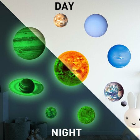 Glow in The Dark Stars Solar System Wall Decals, The Earth Wall Stickers for Bedroom, Baby Nursery Planets Sticker Decoration for Ceiling (Green)