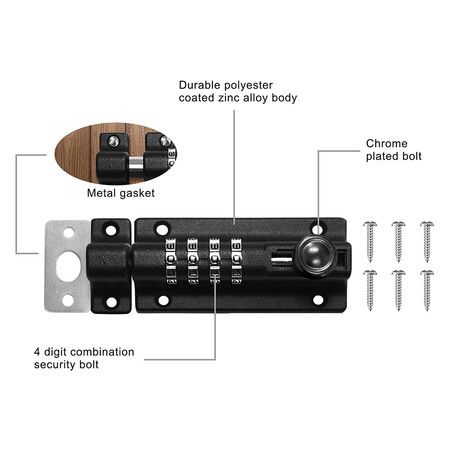 Combination Locking Bolt, 4 Digit Combination Door Security Slide Latch Lock Set, 1Pack Black