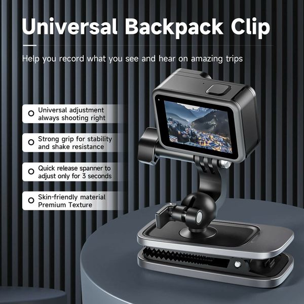 360 Swivel Clip Backpack Mount with Ball Head Pivot Bag Shoulder Body Strap Holder Attach for GoPro Max