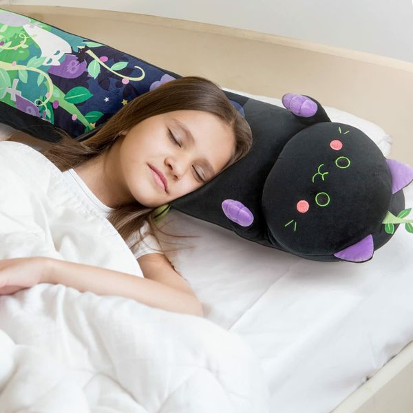 Long Cat Plush Kawaii Body Pillow,20" Cute Black Cat Stuffed Animals Soft Plushies,Kitten Plush Throw Pillow Doll Big Plush Toys Gift for Girlfriend (1Pcs,Black Mint Cat)