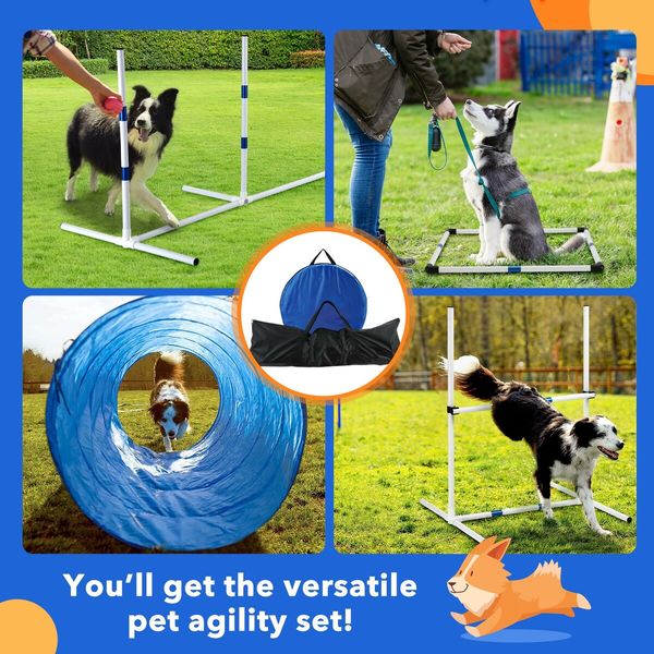 Dog Agility Equipment 7PCS Set Obstacle Course Pet Training Supplies Toys Jump Hurdle Tunnel Weave Poles Pause Box Carry Bags