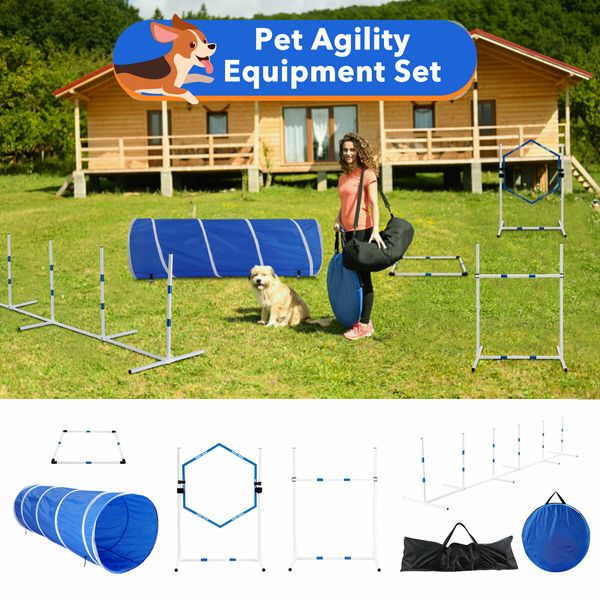 Dog Agility Equipment 7PCS Set Obstacle Course Pet Training Supplies Toys Jump Hurdle Tunnel Weave Poles Pause Box Carry Bags