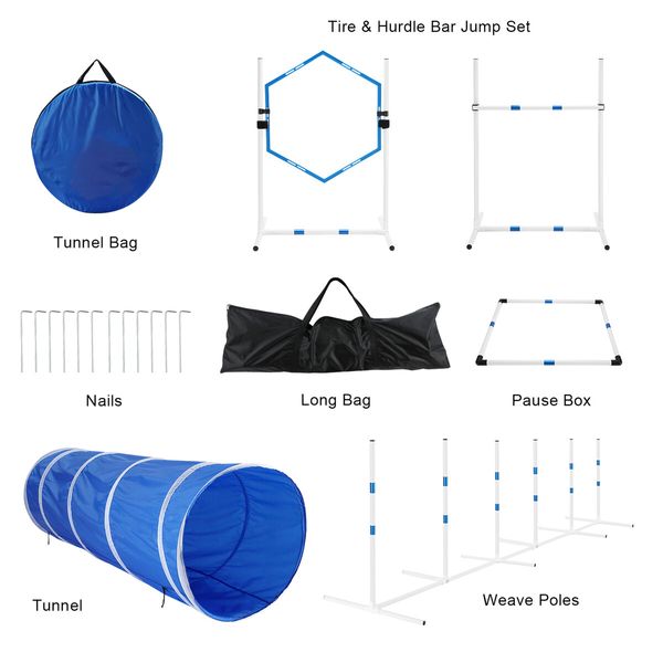 Dog Agility Equipment 7PCS Set Obstacle Course Pet Training Supplies Toys Jump Hurdle Tunnel Weave Poles Pause Box Carry Bags