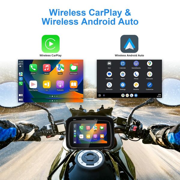 Portable Carplay Screen for Motorcycle,Wireless Carplay & Android Auto GPS for Motorbike,5" IPS Touch Screen,IPX7 Waterproof,Dual Bluetooth