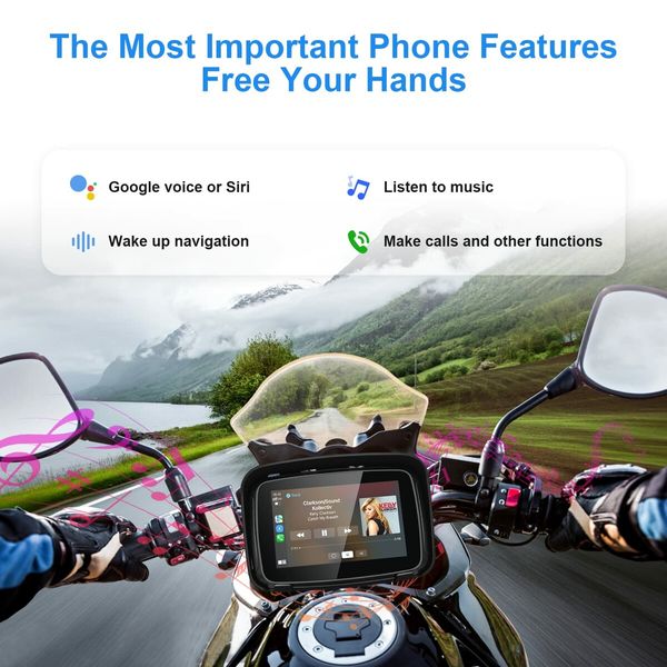 Portable Carplay Screen for Motorcycle,Wireless Carplay & Android Auto GPS for Motorbike,5" IPS Touch Screen,IPX7 Waterproof,Dual Bluetooth