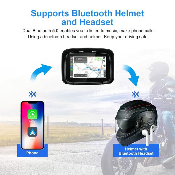 Portable Carplay Screen for Motorcycle,Wireless Carplay & Android Auto GPS for Motorbike,5" IPS Touch Screen,IPX7 Waterproof,Dual Bluetooth