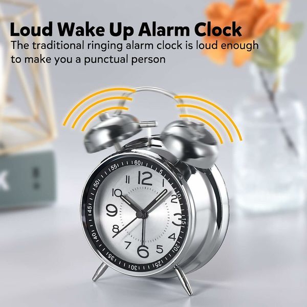 Loud Alarm Clock for Heavy Sleepers Adults, Retro 4 Inch Silent Non-Ticking Quartz with Backlight (Grey)