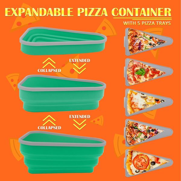 Adjustable Pizza Storage Container,Pizza Slice Container can be Microwaved and Reused,Pizza Slice Pack with 5 Heating Plates (Green)