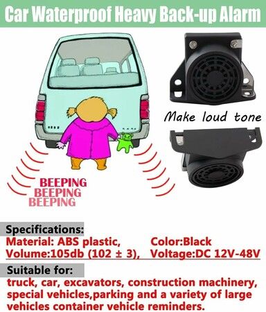 Car Backup Alarm, 107dB 12V-24V DC Waterproof Industrial Heavy-Duty Backup Reverse Warning Alarm