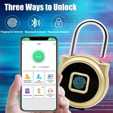 Smart Fingerprint Padlock, Bluetooth Lock, USB Rechargeable, Remote Authorization, IP65 Waterproof, for Locker, Backpack, Bike, Storage