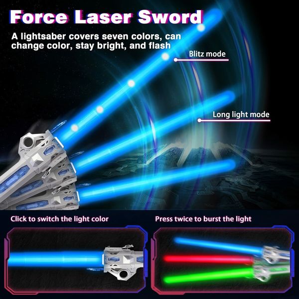 Light Saber, 7 Color Lightsaber Sword Sound, 2 in1 Double-Bladed LED, Expandable Lightsabers for Kids Set, Christmas Birthday Present Silverblue