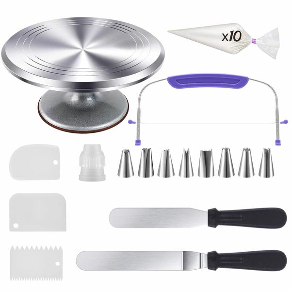 30cm Cake Turntable Stand 26Pcs Decorating Kit Supplies Baking Tools Rotating Stand Icing Piping Nozzle Spatula Cutter Pastry Bag Scraper Aluminium