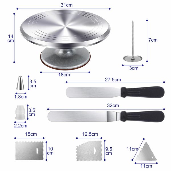 30cm Cake Turntable 35Pcs Decorating Supplies Kit Rotating Stand Baking Tools Aluminium Piping Tip Icing Spatula Pastry Bag Flower Nail