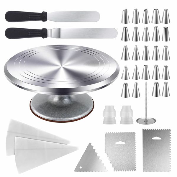 30cm Cake Turntable 35Pcs Decorating Supplies Kit Rotating Stand Baking Tools Aluminium Piping Tip Icing Spatula Pastry Bag Flower Nail