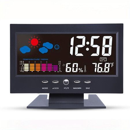 1pc Weather Clock With Time Date Week Temperature Humidity Display Weather Forecast Function With Voice-activated Backlight Function