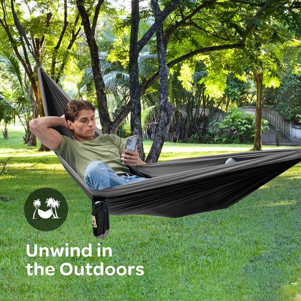 Durable Hammock 400lb Capacity,Lightweight Nylon Camping Hammock Chair,Double or Single Sizes w/Tree Straps and Attached Carry Bag,Portable for Travel/Backpacking/Beach/Backyard (Medium,Black)