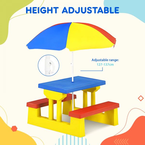 Kids Table and Chairs Toddler Childrens Picnic Activity Desk Outdoor Play Bench Set Furniture Portable Plastic with Umbrella